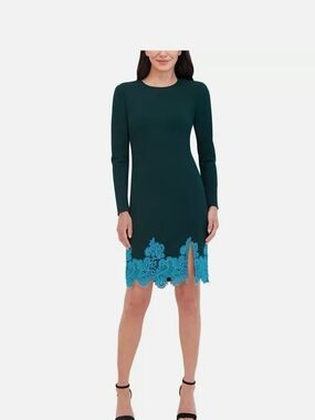 New!Vince Camuto Long-Sleeve Hunter Dress Teal Lace Hem Bodycon Crewneck